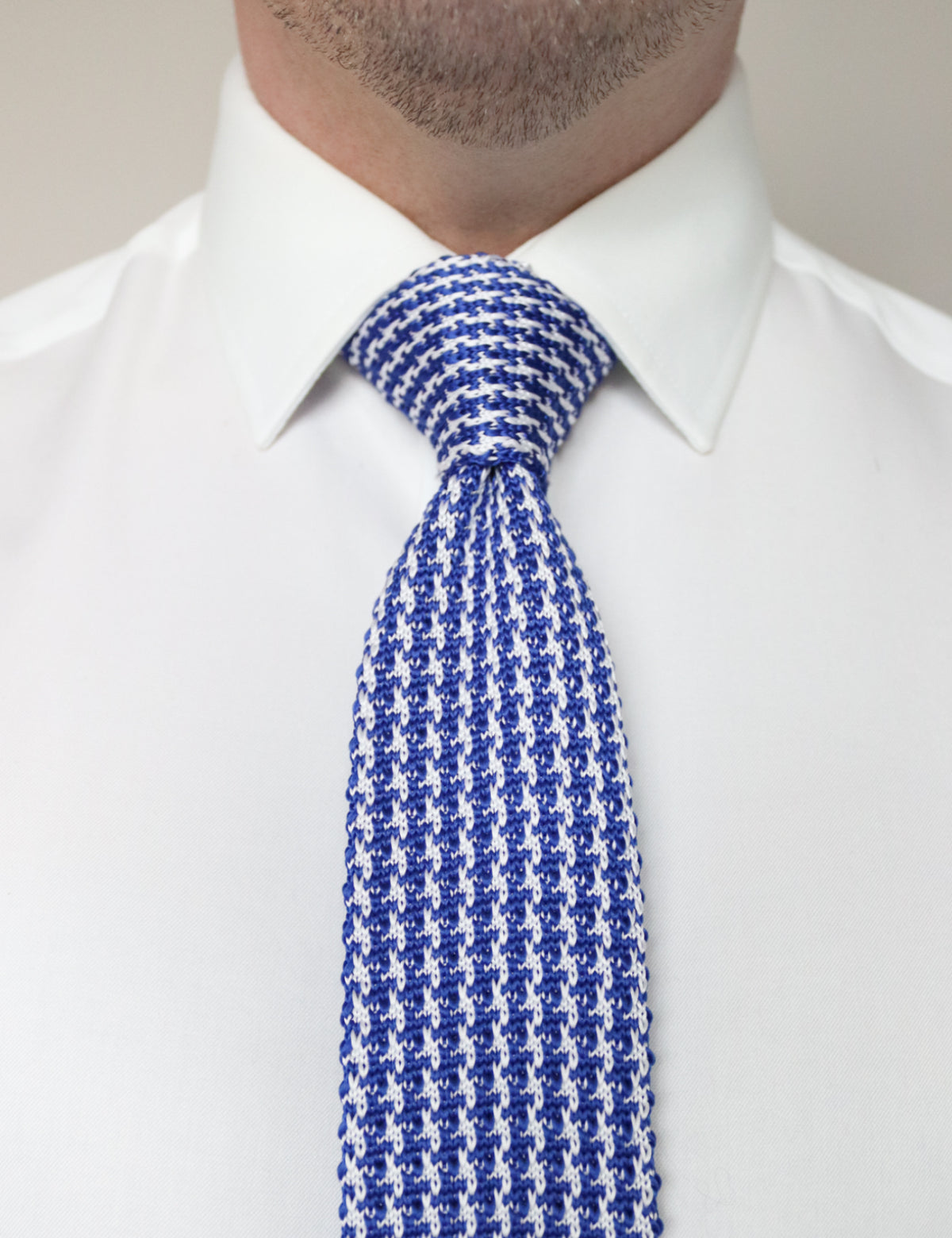 Houndstooth Design Knitted Tie With Square End - Royal Blue