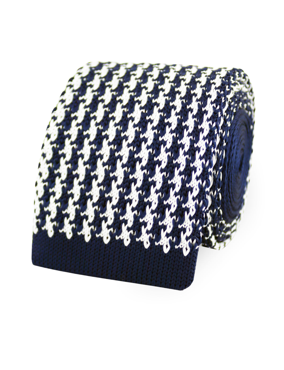 Houndstooth Design Knitted Tie With Square End - Navy Blue