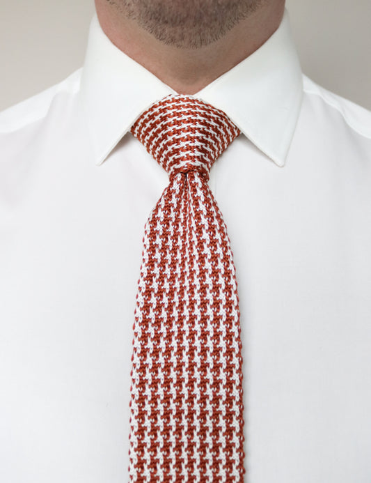 Houndstooth Design Knitted Tie With Square End - Rust Orange