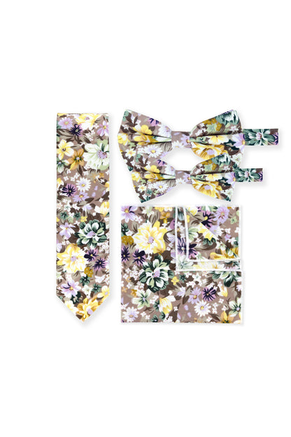 100% Cotton Floral Print Tie - Brown & Yellow