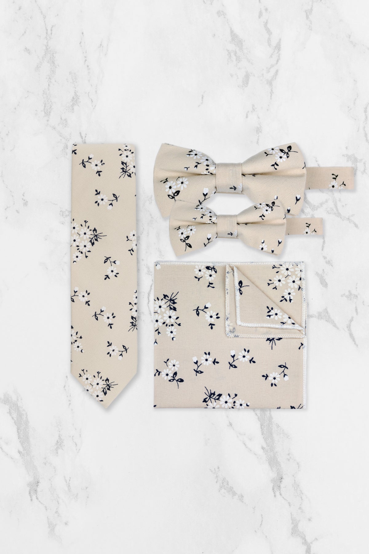 100% Cotton Floral Print Tie - Cream & Navy