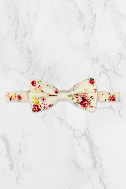 100% Cotton Floral Print Bow Tie - Cream & Pink