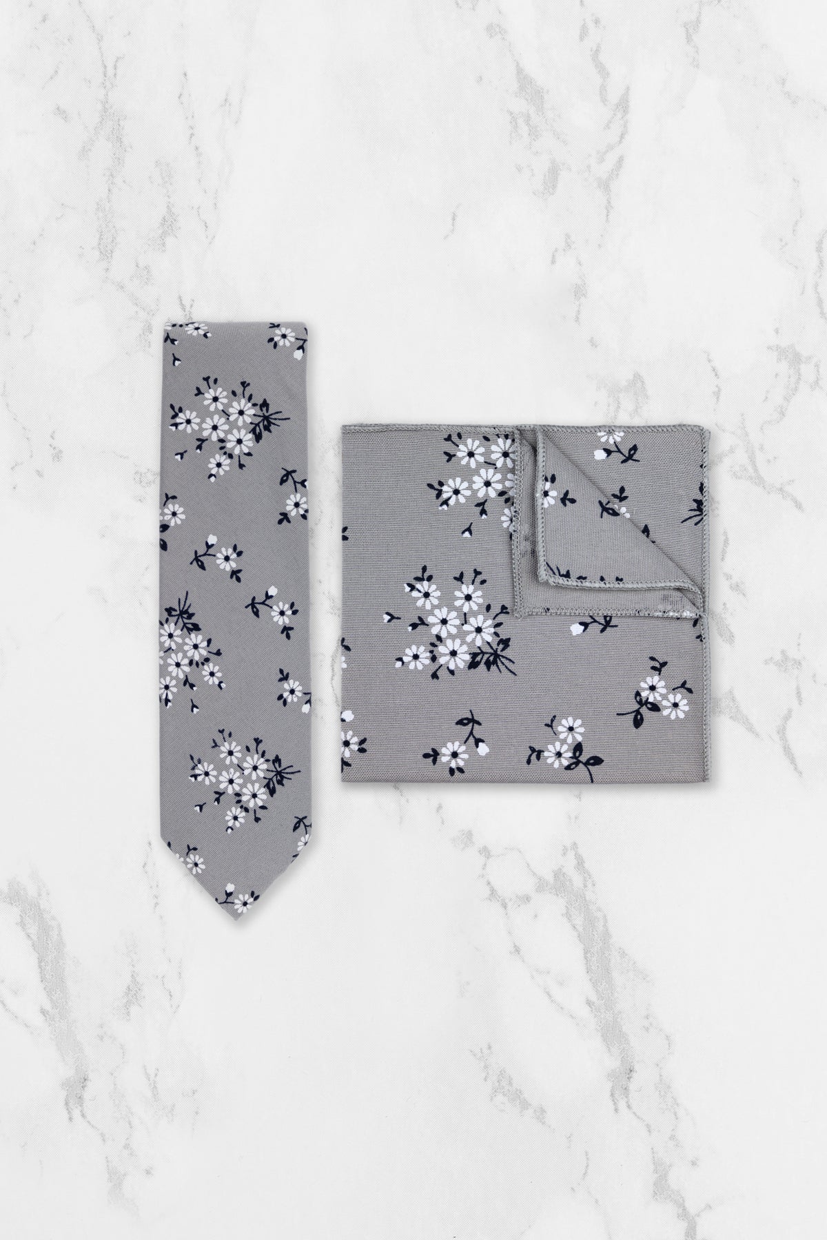 100% Cotton Floral Print Tie - Grey & Navy