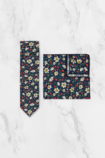 100% Cotton Floral Print Pocket Square - Navy Blue, White & Red