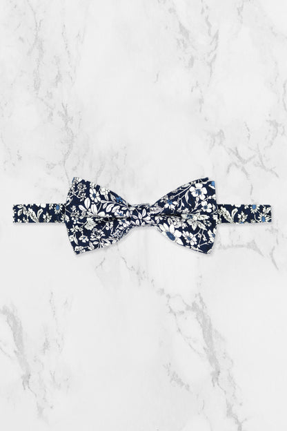 100% Cotton Floral Print Bow Tie - Navy Blue & White