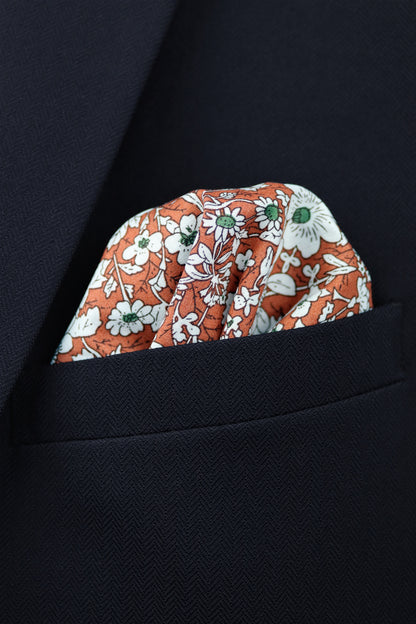 100% Cotton Floral Print Pocket Square - Orange & White